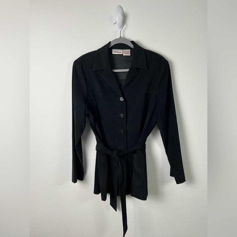 Worthington Black Faux Suede Belted Jacket Blazer Office Fall Evening Travel